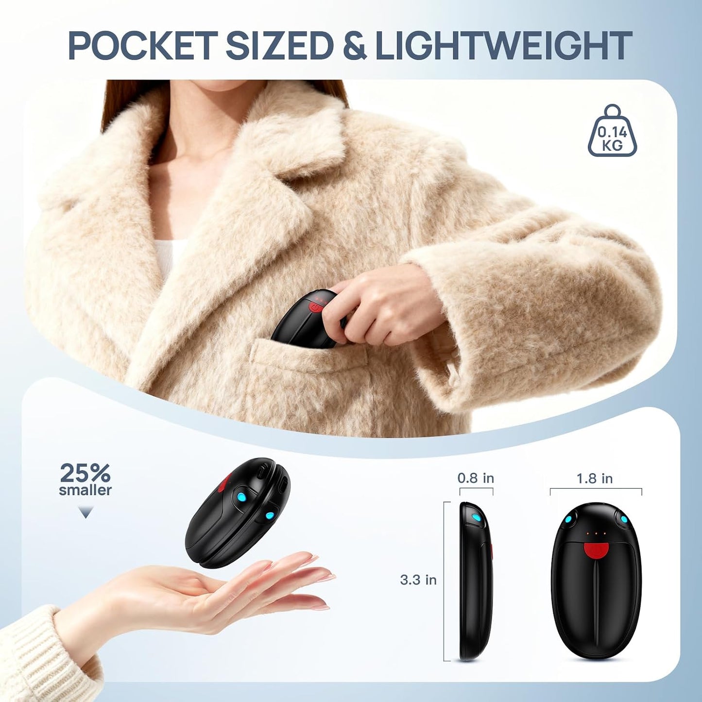 Hand Warmers Rechargeable, 2 Pack Portable Pocket Hand Warmers, 20Hrs Long Heating Double Warm Electric Handwarmers, Reusable Heater for Outdoors, Camping, Hunting, Golf, Fishing
