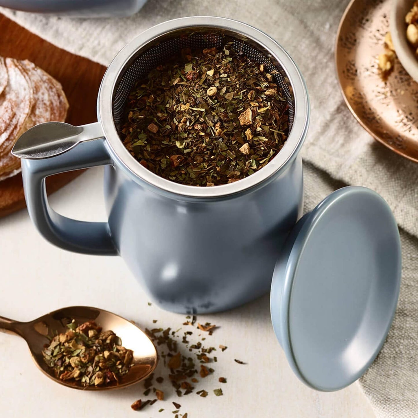 Tea Forte Ceramic Fiore Tea Cup with Infuser, Blue Agave, 14 oz | Insulated Ceramic - Stainless Steel Loose Leaf Infuser - Keeps Tea Hot Longer - Lid Included - Microwave & Dishwasher Safe