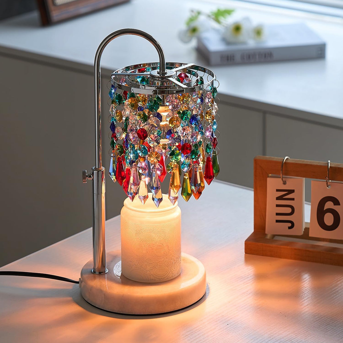 Candle Warmer Lamp with Timer Dimmer and 3 Bulbs, Candle Lamp Warmer with Marble Base for Adjustable Height, Crystal Candle Lamp for Jar Candles, House Warming Gifts Home Room Decor, Silver
