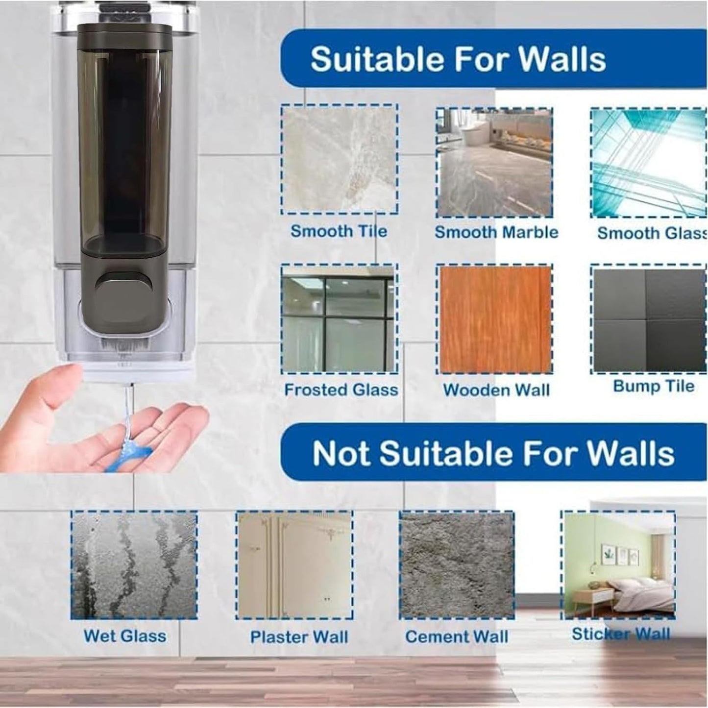 Wall Mounted Hand Soap Dispenser, 1 Chamber, 10oz/300ml Single Black Shampoo and Conditioner Dispenser, Bathroom Shower Dispenser Gel Container Dispenser and Organizer for Bathroom Kitchen Hotel