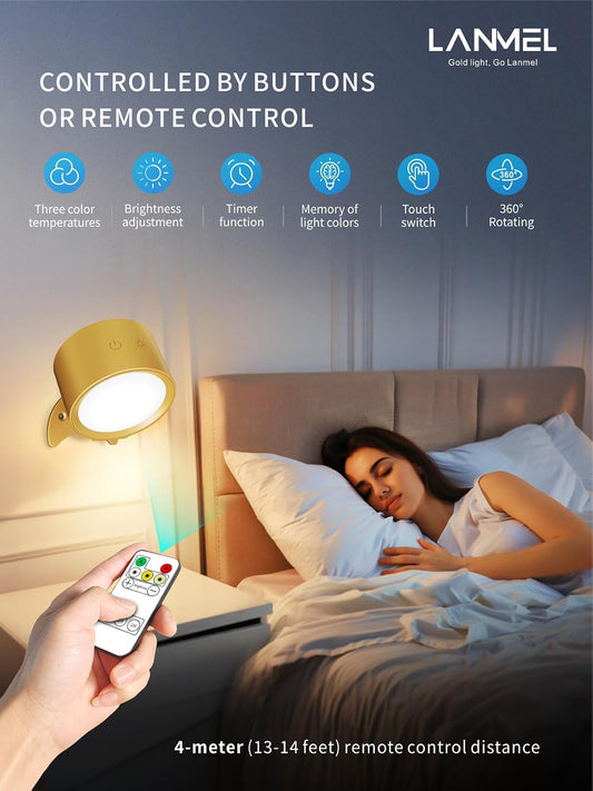 LANMEL LED Wall Mounted Lights,360° Rotating Rechargeable Wall Sconce Lamp