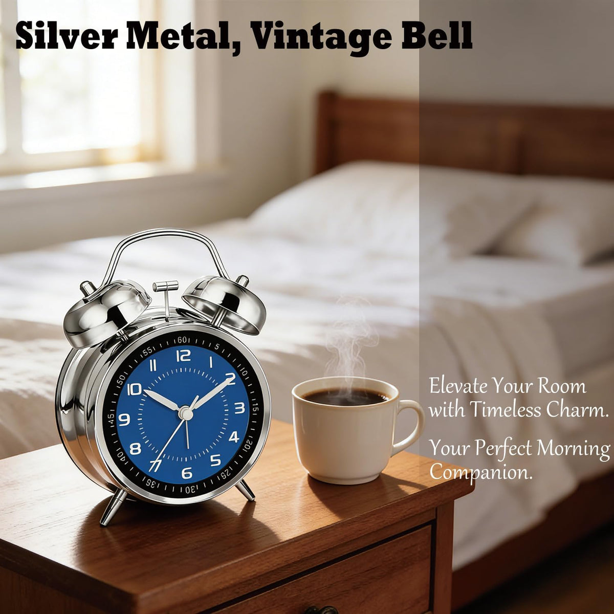 4.5" Metal Loud Alarm Clock for Heavy Sleepers Adults, Analog Battery Operated Alarm Clock with Bells Glow in Dark Numbers, Silent Old School Bedside Desk Clock for Bedroom Office Kids, Black