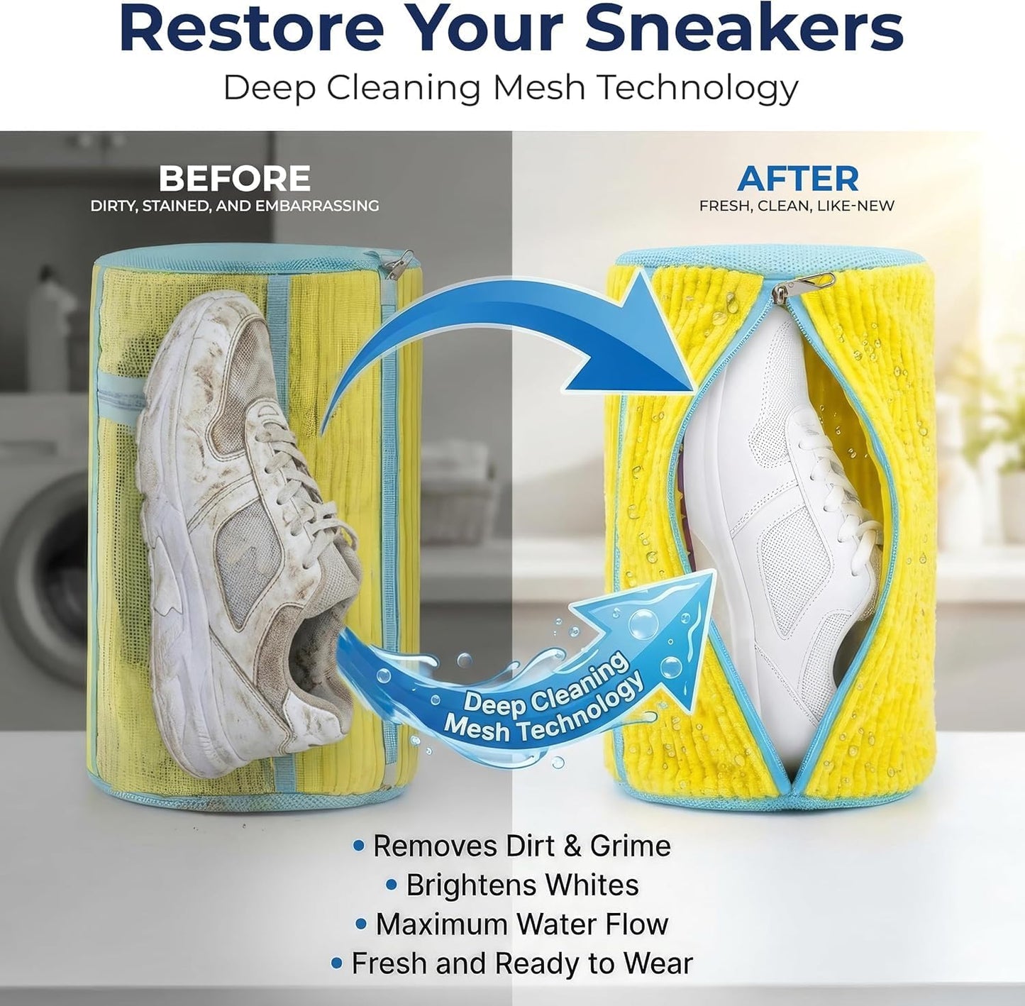 Shoe Washing Machine Bag (2 Pack) – 360° Thick Protection, Highly Durable Mesh Sneaker Washer w/Zipper Lock & Side Pockets – Deep Cleaning Sneaker Laundry Bag for Spotless Shoes