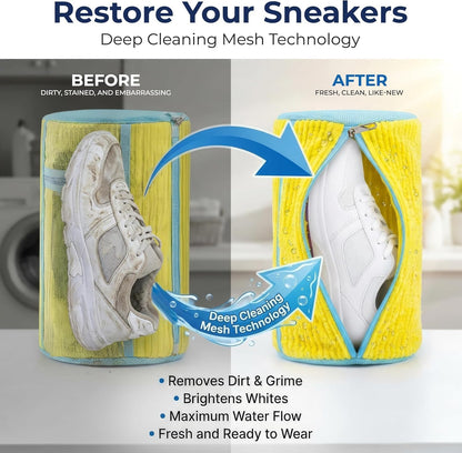 Shoe Washing Machine Bag (2 Pack) – 360° Thick Protection, Highly Durable Mesh Sneaker Washer w/Zipper Lock & Side Pockets – Deep Cleaning Sneaker Laundry Bag for Spotless Shoes