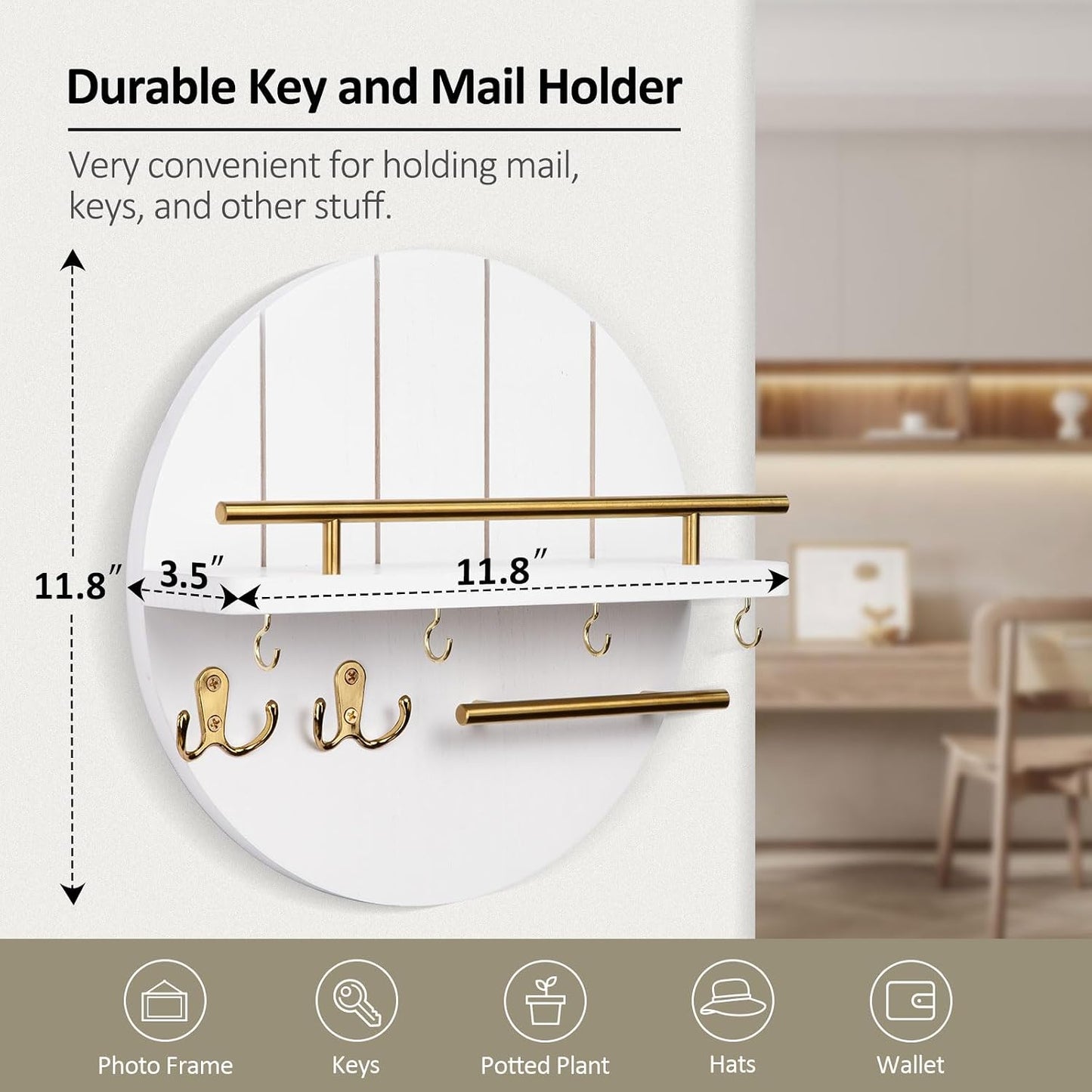 Nekon Key Holder Wall Mount, 11.8” Wood Mail Organizer for Wall, Brown | Round Wall Shelf with 6 Key Hooks, Rustic Key and Mail Holder, Key Hanger for Entryway Hallway Kitchen