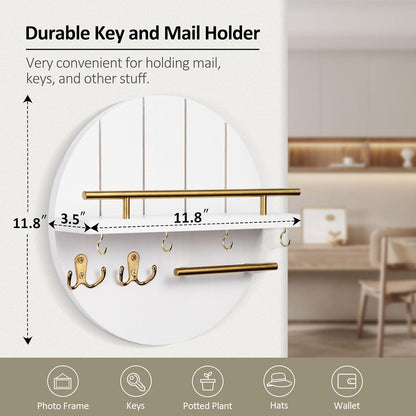 Nekon Key Holder Wall Mount, 11.8” Wood Mail Organizer for Wall, Brown | Round Wall Shelf with 6 Key Hooks, Rustic Key and Mail Holder, Key Hanger for Entryway Hallway Kitchen