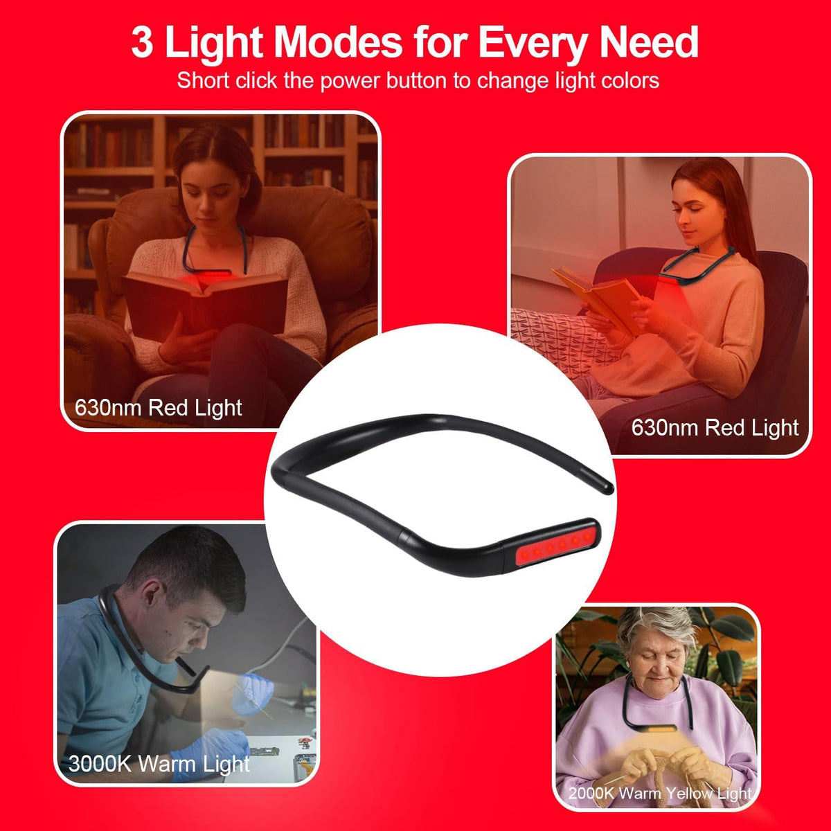 630nm Red Neck Reading Light - Zero Blue Light, Rechargeable Dimmable Portable LED Red Neck Book Lamp for Reading, Crafts, Knitting, Crochet at Night, Ideal Gift for Readers and Craft Lovers