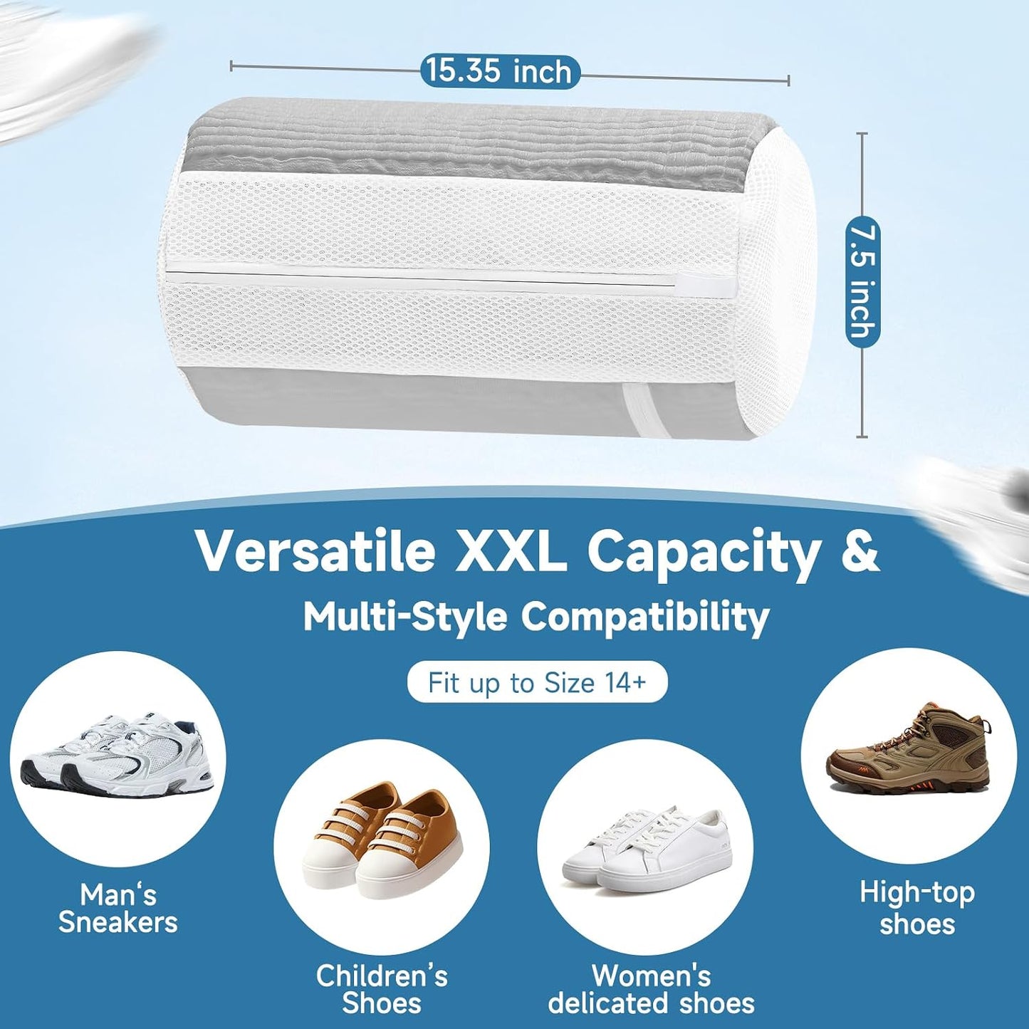 2PCS XXL Shoe Washing Machine Bag with Adjustable Shoes Trees - Heavy Duty Reusable Shoe Laundry Bag for Washer and Dryer - 360° Deep Clean & Protect Chenille Microfiber Sneakers Wash Bags - White