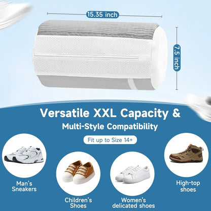 2PCS XXL Shoe Washing Machine Bag with Adjustable Shoes Trees - Heavy Duty Reusable Shoe Laundry Bag for Washer and Dryer - 360° Deep Clean & Protect Chenille Microfiber Sneakers Wash Bags - White