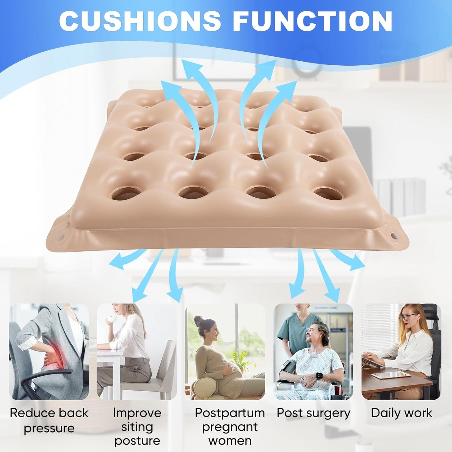 2-Pack Inflatable Waffle Cushion for Pressure Relief, Wheelchair Cushion for Pressure Redistribution, Portable Air Seat Cushions for Office Chair Car Seat, Breathable Seat Pad, Includes 1 Air Pumps