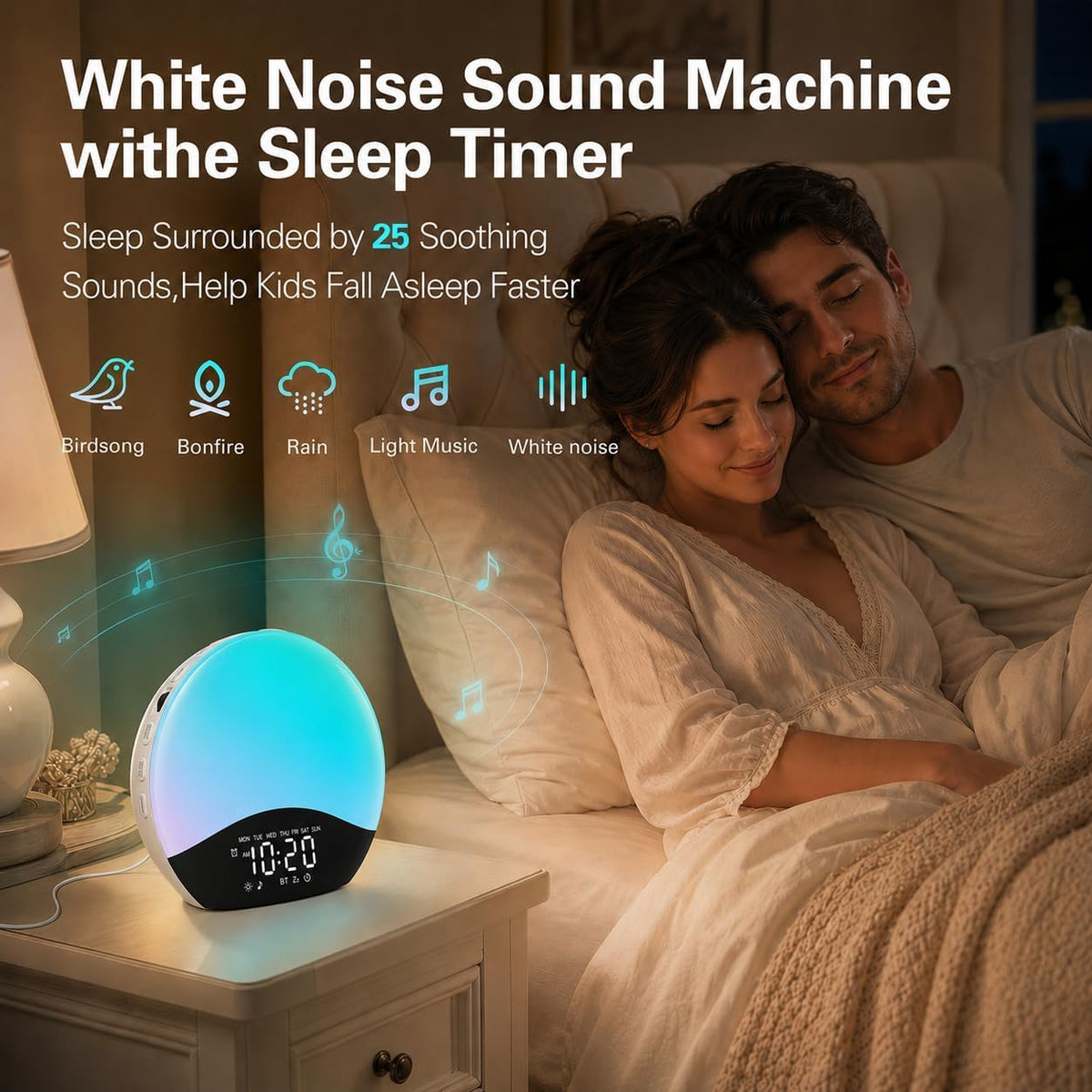 JALL Full Screen Dimmer Sunrise Alarm Clocks for Bedrooms, Wake Up Light with FM Radio, 25 White Noise Sleep Sounds, Bluetooth Speaker, Dual Alarms Bedside Clock for Heavy Sleepers
