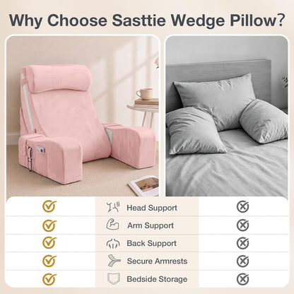 Sasttie 15-25 inch Adjustable Reading Pillow with Armrests, Dark Grey | Back Rest Pillow with Secure Side Straps, Memory Foam Back Support Cushion Bed Chair for Reading, Gaming & Relaxing