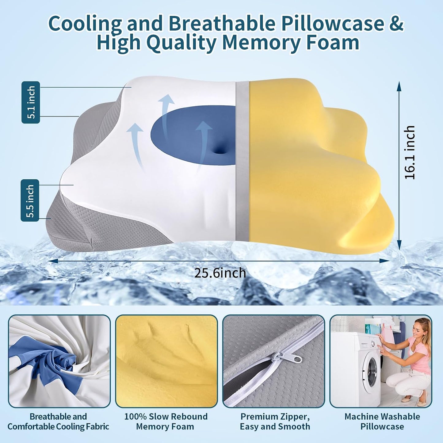 Cervical Neck Pillow for Pain Relief - Ergonomic Side Sleeper Pillow for Neck Support, Cooling Memory Foam Pillows, Contour Pillow Orthopedic Bed Pillow for Back Stomach Sleepers (Dark Grey)