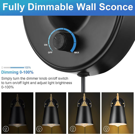 TRLIFE Wall Sconces Plug in, Dimmable Wall Lights with Plug in Cord Adjustable Lighting Angle Wall Mounted Light with On/Off Rotary Switch for Bedside, Bedroom, Over Mirror(2 Pack, 2 Bulbs Included)