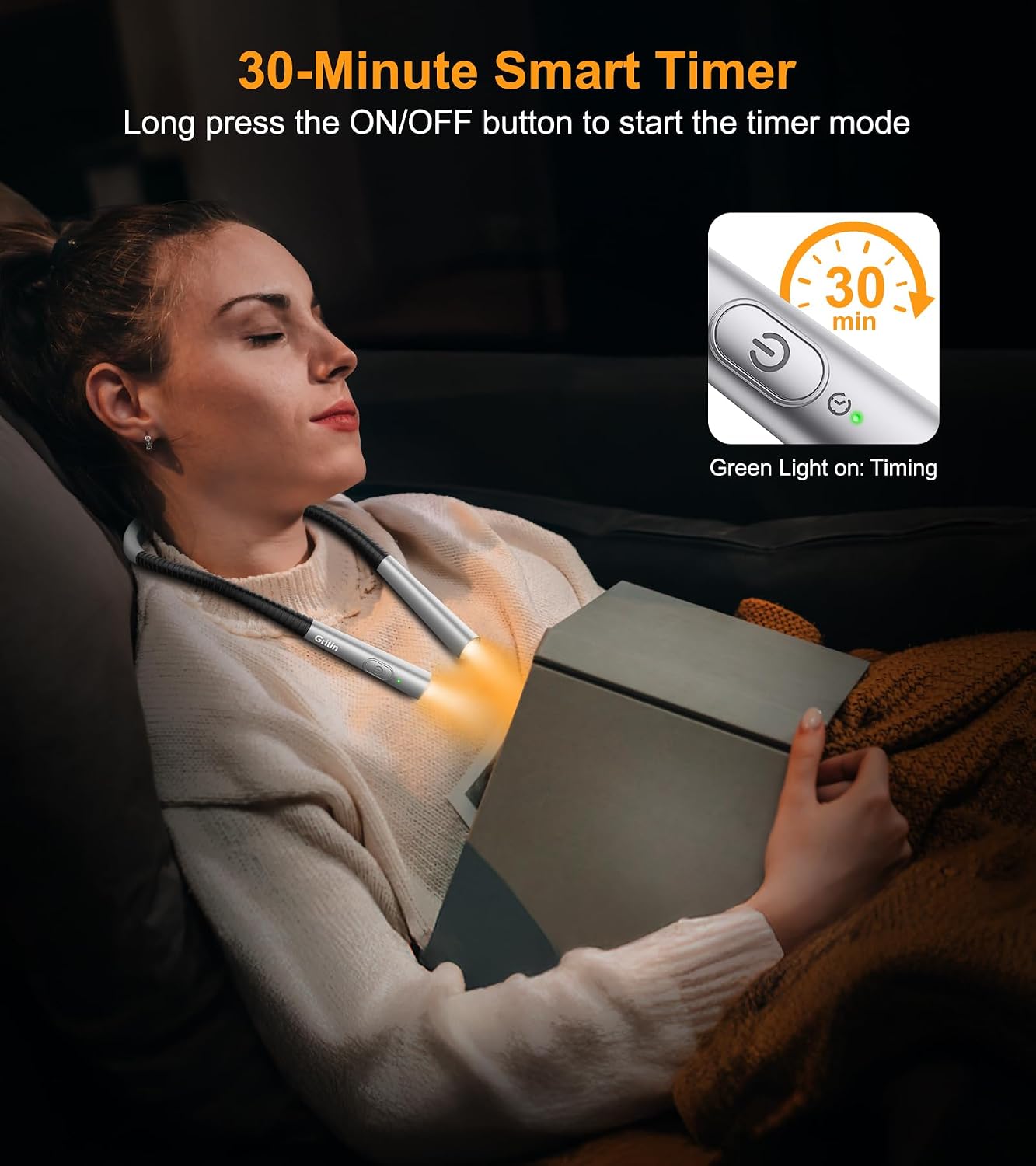 Gritin Book Light, Eye Caring 4-Color&5-Brightness Neck Light Reading Light | Stepless Dimming, 30-min Timer, 80+ Hrs Runtime, Bendable Round Neck Design, Lightweight for Reading, Knitting, Repairing