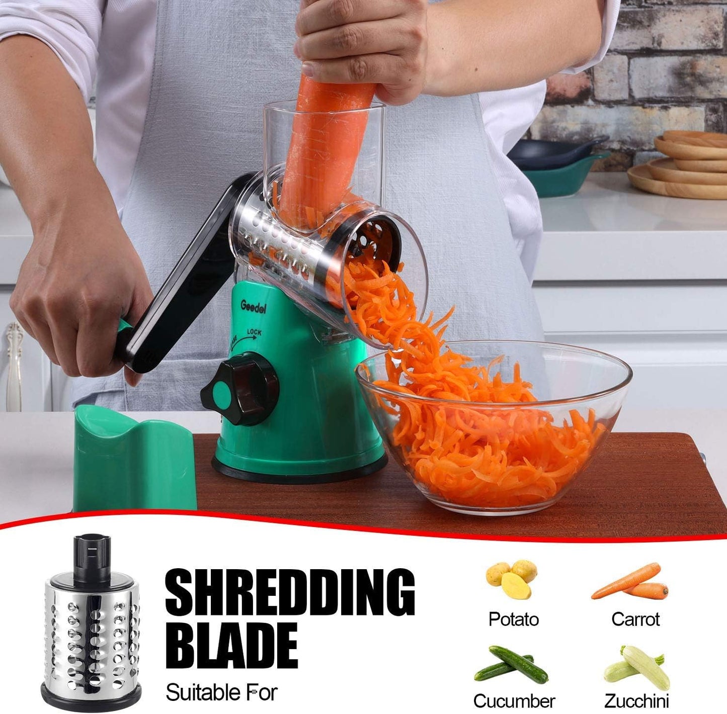 Geedel Rotary Cheese Grater, Kitchen Mandoline Vegetable Slicer with 3 Interchangeable Blades, Easy to Clean Rotary Grater Slicer for Fruit, Vegetables, Nuts | 3 Blades, 430 Stainless Steel, 12x Fast Cutting, Strong Suction Base, No BPA, Dishwasher Safe,