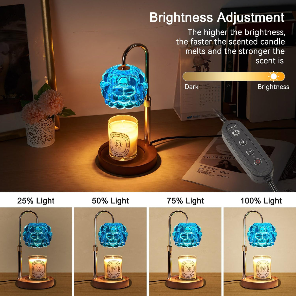 Candle Warmer Lamp with Timer Adjustable - Height Candle Warmer, Dimmer, Black Glass Wax Melting Lamps for Home Decor, for Candles in Jars with 2 Bulbs
