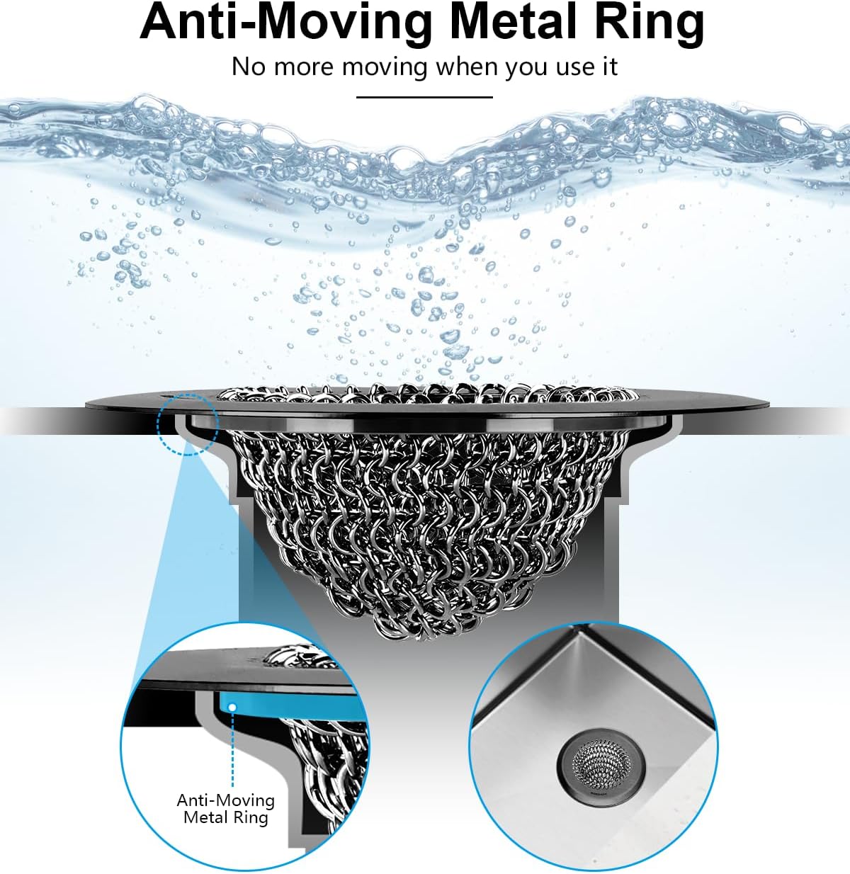 Upgraded Sink Drain Strainer, Patented Reversible Chain Mail Mesh | Anti-Slip Ring, Fast Drainage, Reversible Flip Clean, Rust-Proof, Universal 4.4-Inch, Large Capacity, Garbage Disposal Fit