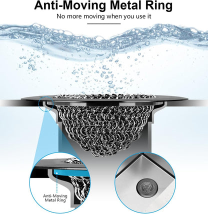 Upgraded Sink Drain Strainer, Patented Reversible Chain Mail Mesh | Anti-Slip Ring, Fast Drainage, Reversible Flip Clean, Rust-Proof, Universal 4.4-Inch, Large Capacity, Garbage Disposal Fit