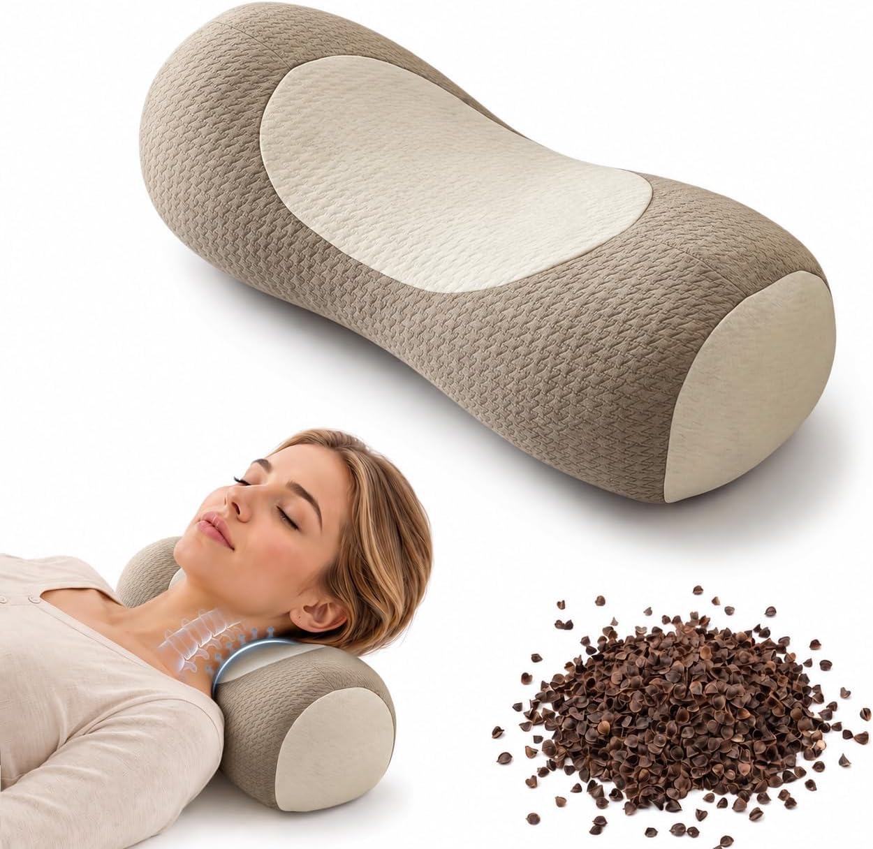 Buckwheat Neck Roll Pillow, Adjustable Cervical Pillow for Neck Pain Relief | natural hull fill, customizable loft, firm support, side and back sleepers, washable cover, lower back use