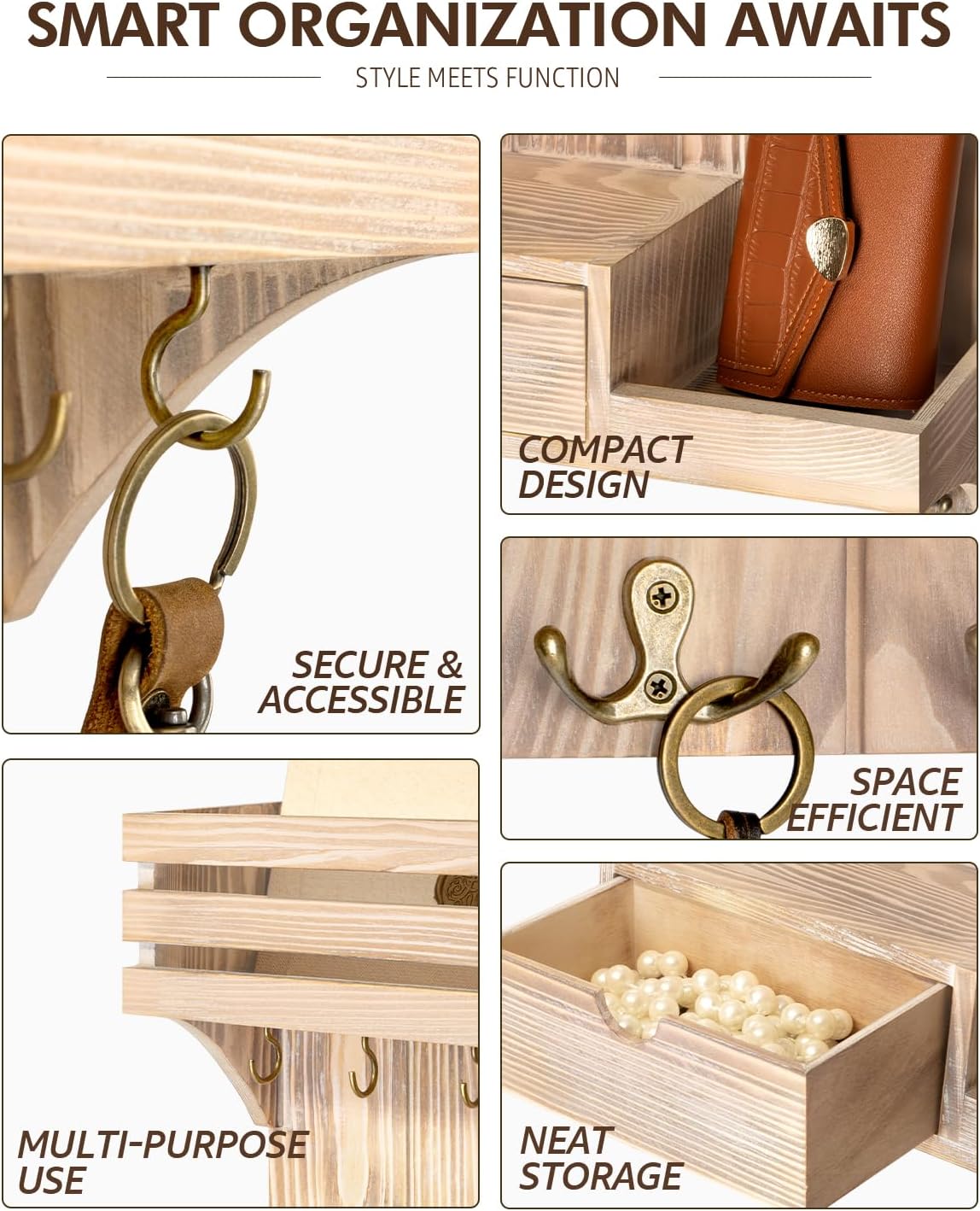 Rebee Vision Key Holder Wall Mount with Drawer Organizer for Entryway,Brown | Pine Wood, 6 Key Hooks, Display Shelf for Plants, Mail Slot for Storage Letter, Multi-Funtional Design, Home Storage