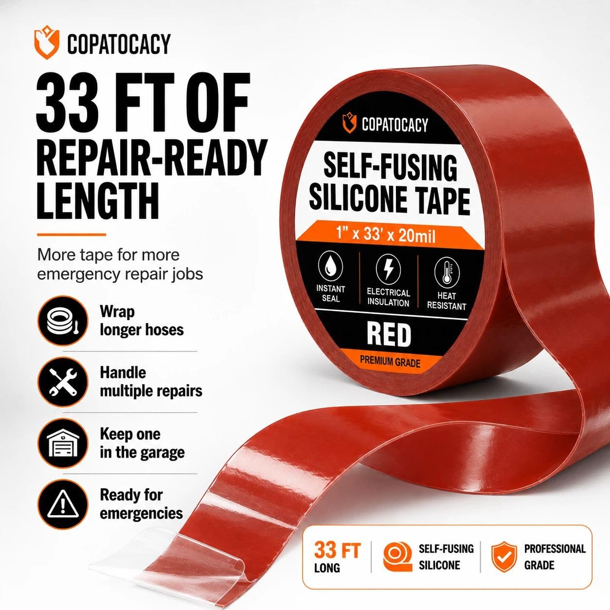 Self-Fusing Silicone Sealing Tape, Waterproof Repair Tape for Hose, Pipe, Electrical Cable, High Strength Leak Fix Wrap, Weatherproof Emergency Insulation Tape (1" x 5' x 20mil)