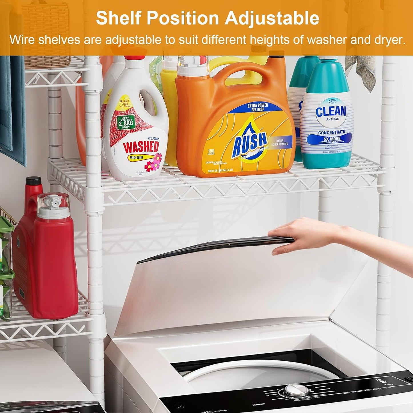 U14 Over Washer and Dryer Storage Shelves, 4 Tiers Laundry Room Storage and Organizer System, Space Saving Clothes Drying Rack with 2 Clothes Hanger Rods, 66.5" W x 20.5" D x 77.4" H, Black