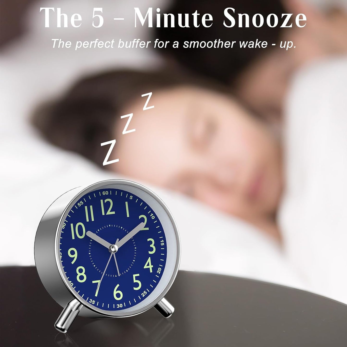 Analog Alarm Clock Night Ligh Battery Operated for Bedroom | Snooze 5mins Clear 94mm Case Silent Sweep under 20dB Decor for Desk Nightstand Office Ideal Gift for Senior Students Travel