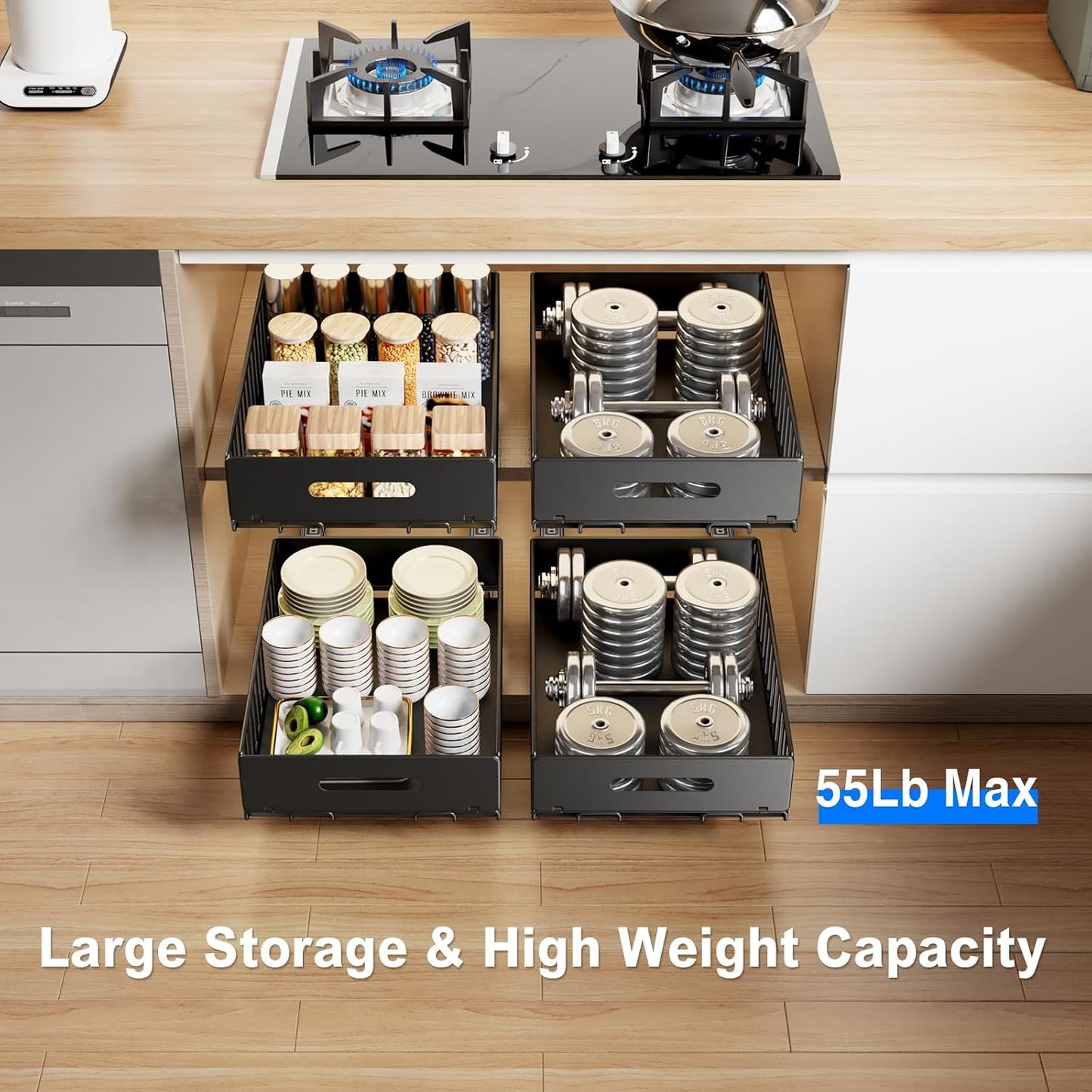 Mustorn 2 Pack Pull Out Cabinet Organizer, Slide Out Drawers for Cabinets, Peel and Stick, Heavy Duty Shelves for Kitchen, Cupboard, Pantry, Bathroom (16.5"D*11.8"W*3.94"H-Black)