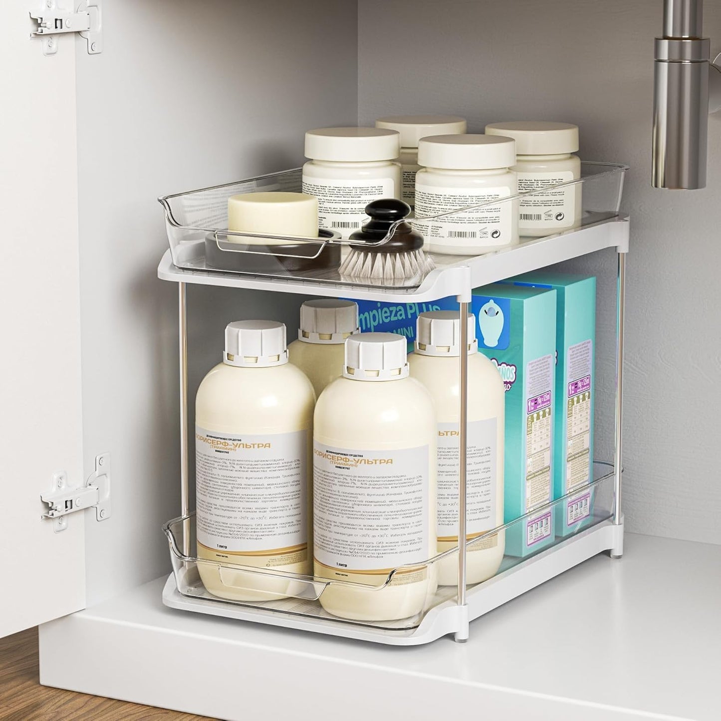 Delamu 2-Tier Multi-Purpose Bathroom Under Sink Organizers and Storage, Stackable Kitchen Pantry Organization, Pull Out Medicine Cabinet Organizer with Movable Dividers, White, 2 Pack
