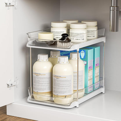 Delamu 2-Tier Multi-Purpose Bathroom Under Sink Organizers and Storage, Stackable Kitchen Pantry Organization, Pull Out Medicine Cabinet Organizer with Movable Dividers, White, 2 Pack