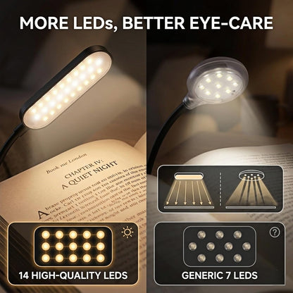 Clip-On Book Light for Reading at Night - Rechargeable 14 LEDs with 3 Color Modes & Stepless Dimming, Eye-Care USB-C Charging, 70-Hours, 360° Flexible Gooseneck - Perfect for Books, Bedtime Reading