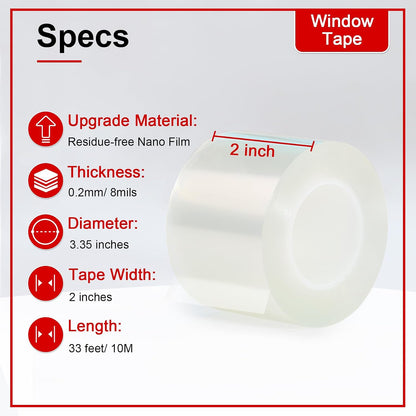 Window Sealing Tape 2 Inch x 33 FT Transparent Window Draft Insulation Residue-Free Clear Weather Stripping Caulk Tape Windproof Weatherproof Window Seal AC Units for Window Glass, Doors Gaps