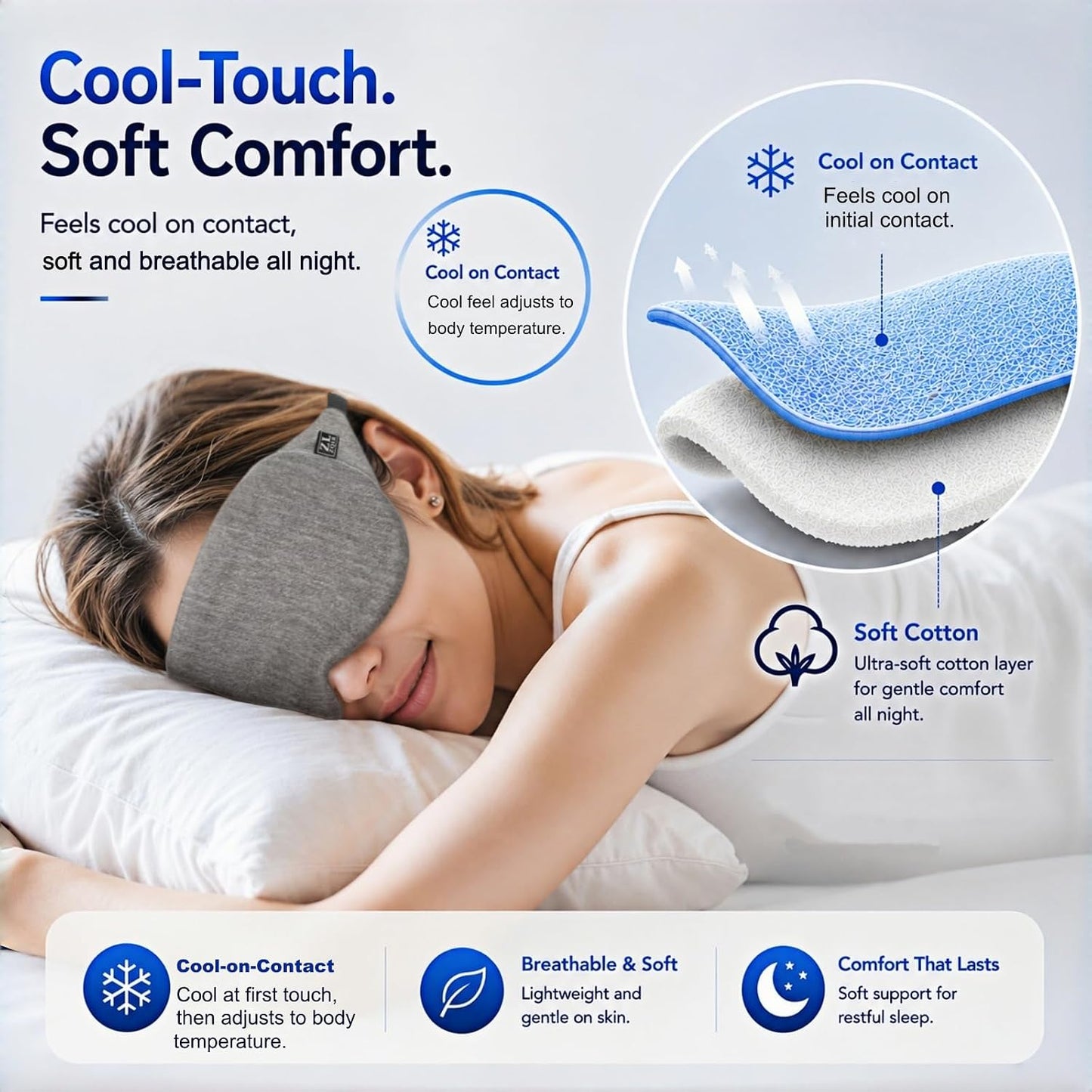 Cool Touch Cotton Eye Sleep Mask for Men & Women, Soft Breathable Flexible Fit for Side Sleepers, Adjustable Light Blocking Mask for Sleeping, Airplane Travel & Naps (Black)