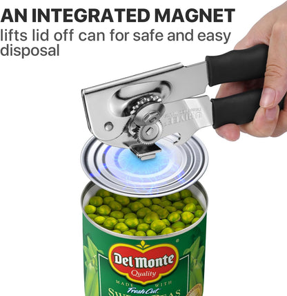 UHIYEE Heavy Duty Hand Can Opener with Comfortable Grip for Seniors, Black | Manual Can Opener, Hardened Steel Blade, Rubber-Coated Handle, Oversize Knob, Built-in Magnet & Bottle Opener
