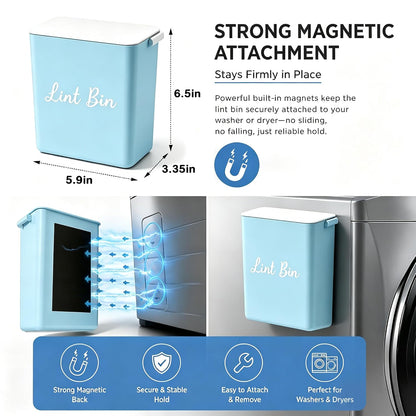 Magnetic Lint Bin with Lid for Laundry Room, Compact Plastic Dryer Lint Holder, Small Laundry Trash Container for Dryer Lint & Used Dryer Sheets, Space Saving Storage Decor Organizer (Black)