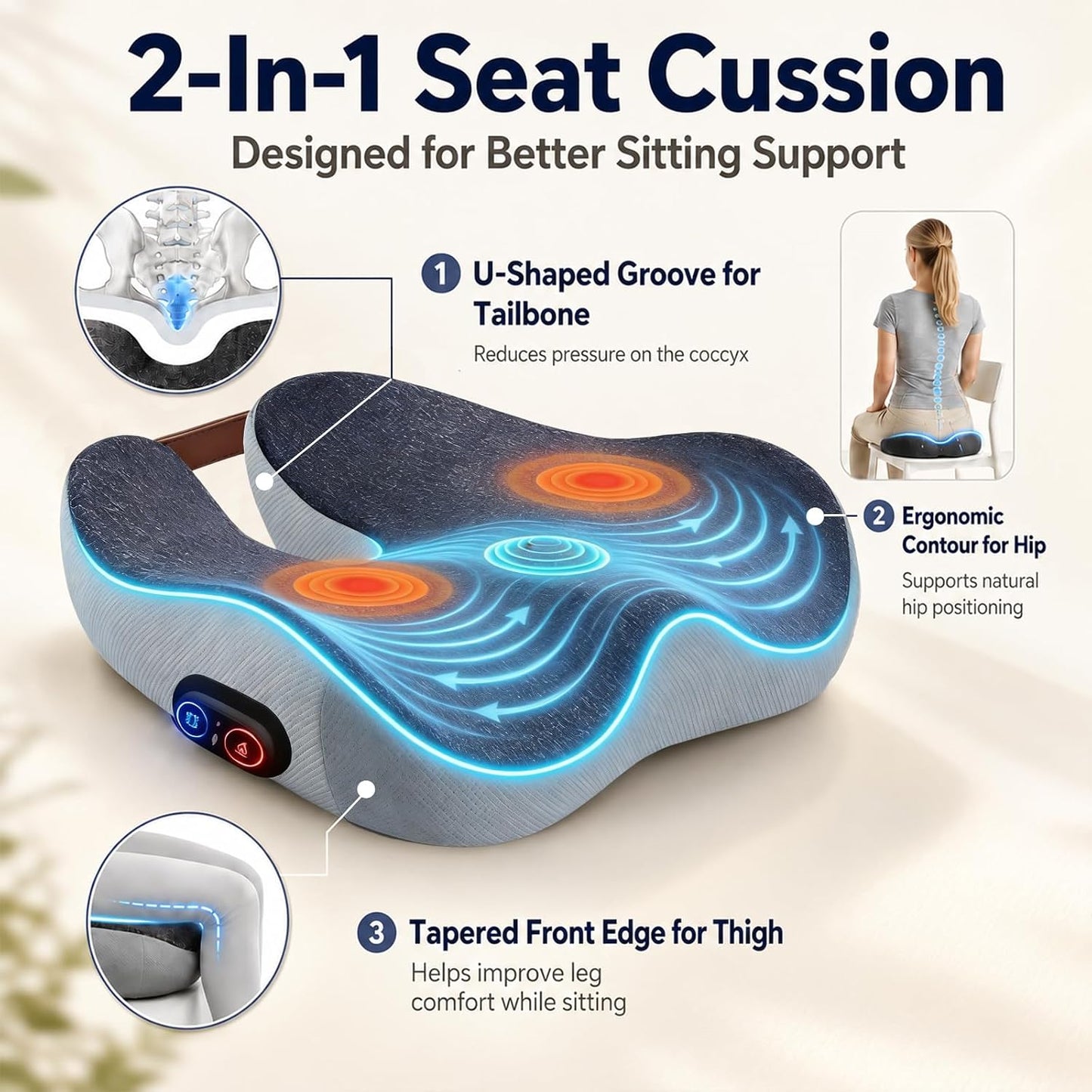2-in-1 Rechargeable Heated Seat Cushion with Vibration Massager | Cordless Office Chair Cushion with 3 Heat Levels & 3 Vibration Modes, Ergonomic Tailbone Support for Desk Chair, Car, Home
