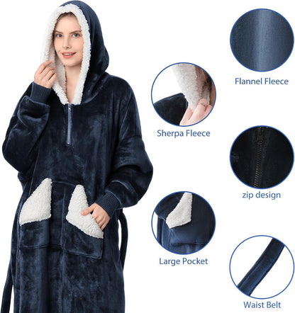 Wearable Blanket Hoodie, Oversized Sherpa Fleece Sweatshirt Blanket with Giant Hood Pocket and Sleeves for Adult, Warm & Cozy Grey Blanket Gifts for Women