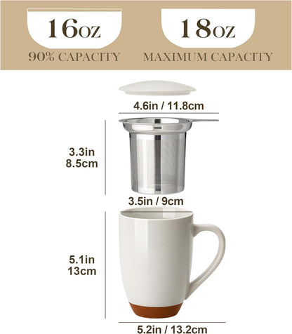 MALACASA Ceramic Tea Mug with Lid and Stainless Steel Infuser, 18 oz Large Tea Cup for Loose Leaf Tea, Heat-Resistant, Microwave & Dishwasher Safe, Speckled Glaze Coffee & Tea Brewer Mug, Khaki Brown