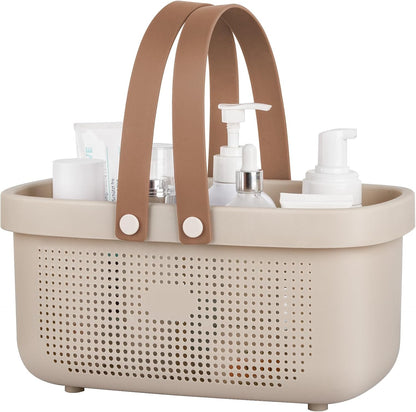 JiatuA Plastic Storage Basket with Handle Portable Shower Caddy Tote Organizer Basket Bin for Bathroom Kitchen Dorm Room Bedroom, Green | Sturdy Drainage Large Capacity Organizer Basket with Silicone Handles for Bathroom Kitchen Bedroom College Dorm