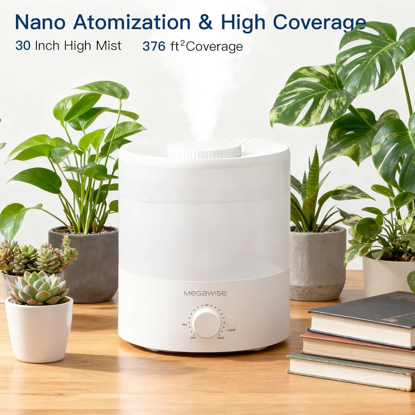 MEGAWISE Sleek 2L Humdifier for Bedroom, Baby,Plant, 24dB Cool Mist Ultrasonic humidifiers, Colorful Night Light, Top-Refill 1 Gal Essential Oil Diffuser, Auto Shut Off