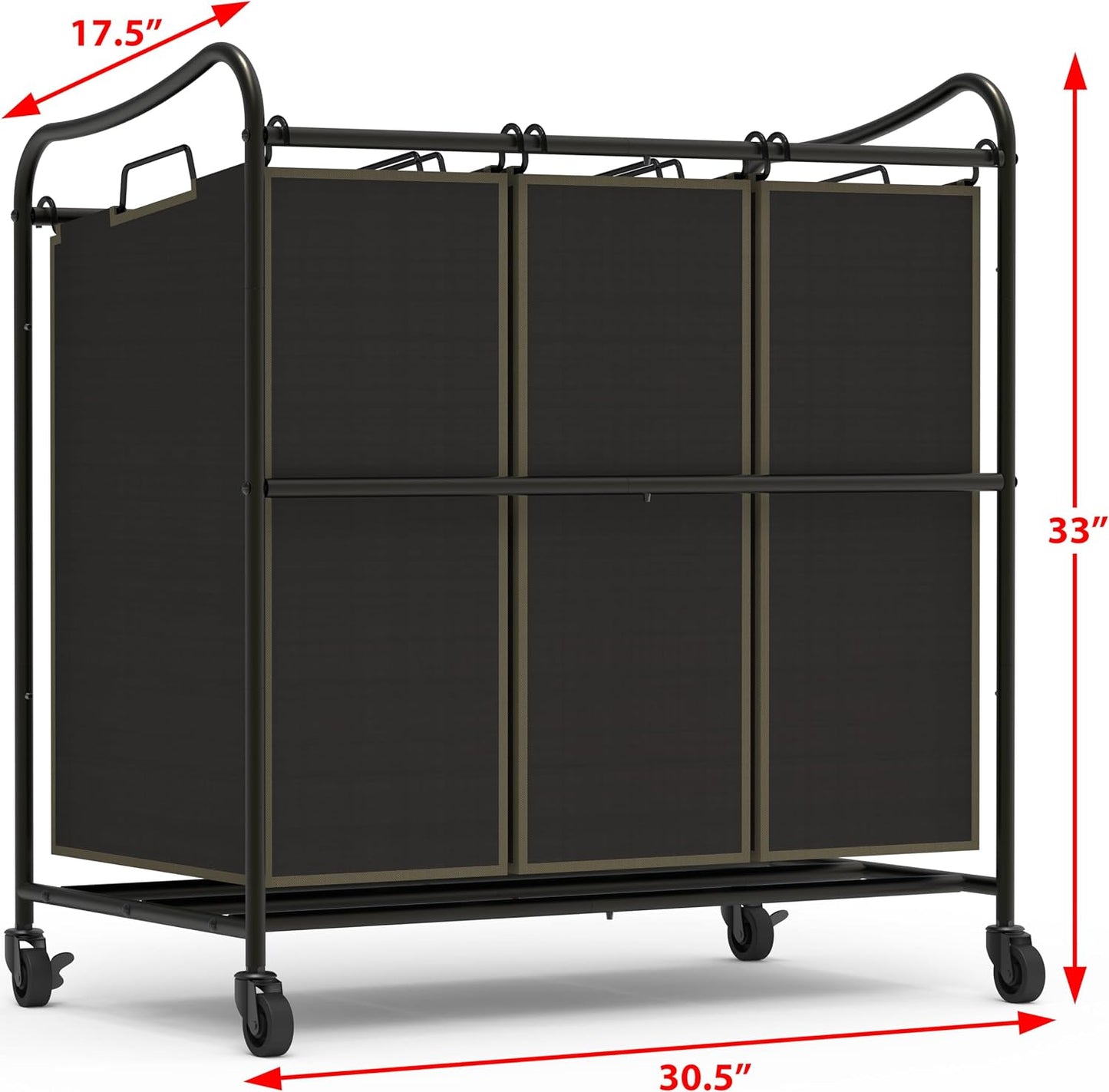Simple Houseware Heavy Duty 3-Bag Laundry Sorter Rolling Cart, Dark Grey | Removable Bags and Lockable Wheels for Laundry Room Organization