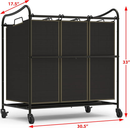 Simple Houseware Heavy Duty 3-Bag Laundry Sorter Rolling Cart, Dark Grey | Removable Bags and Lockable Wheels for Laundry Room Organization