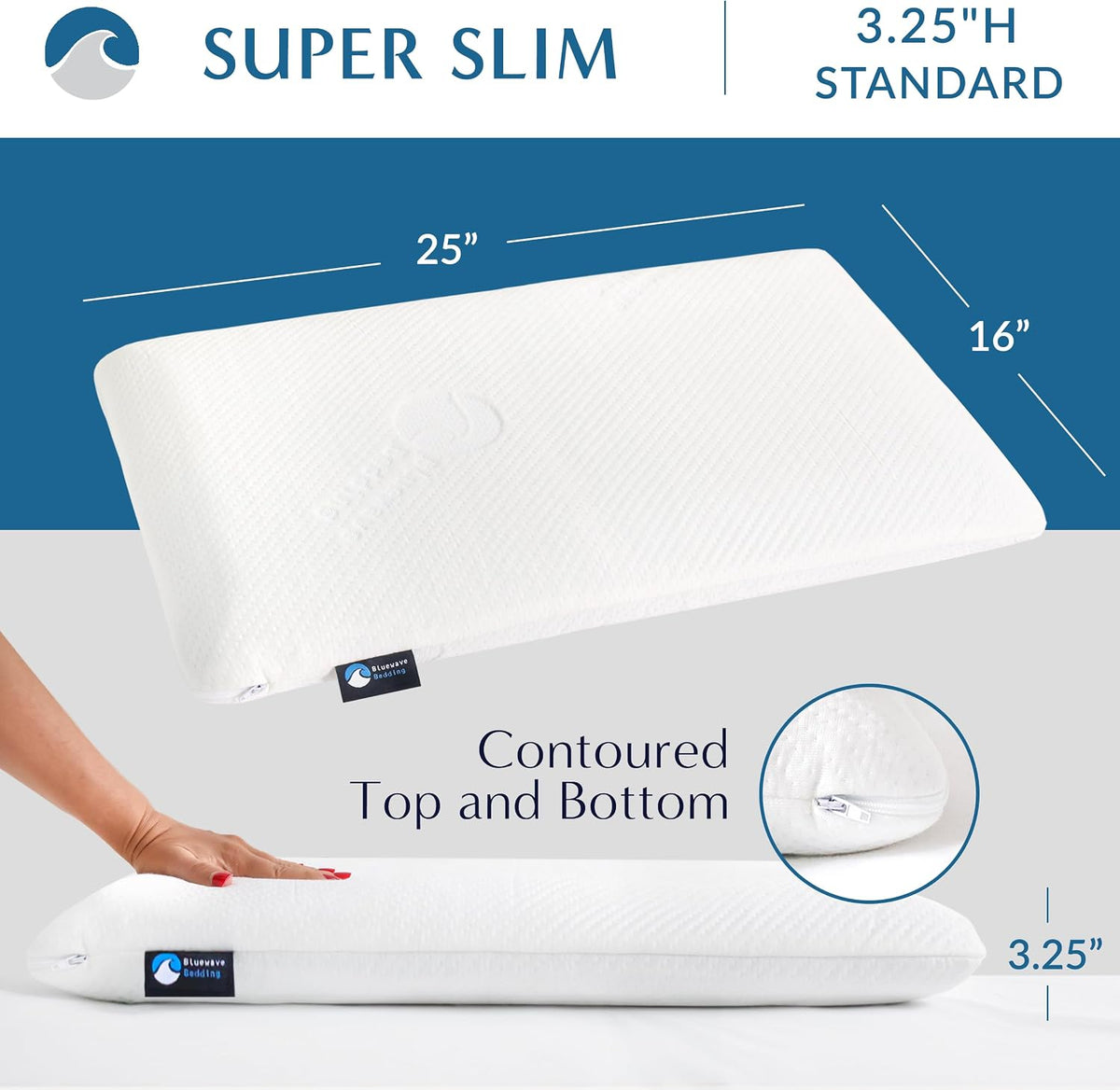 Bluewave Bedding Ultra Slim Gel Memory Foam Pillow for Stomach and Back Sleepers - Thin, Flat Design for Cervical Neck Alignment and Deeper Sleep (2.75-Inches Height, Standard Size)