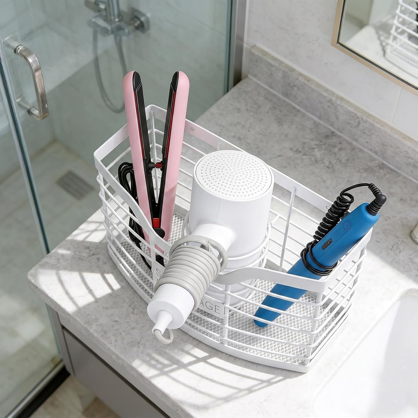 Hair Tool Organizer, Hair Dryer Holder for Bathroom Vanity Counter Cabinet | Dresser Blow Dryer Holder, No Drilling Wall Mount Storage Basket for Blow Dryers, Shaver, Comb, Curling Iron, Straightener