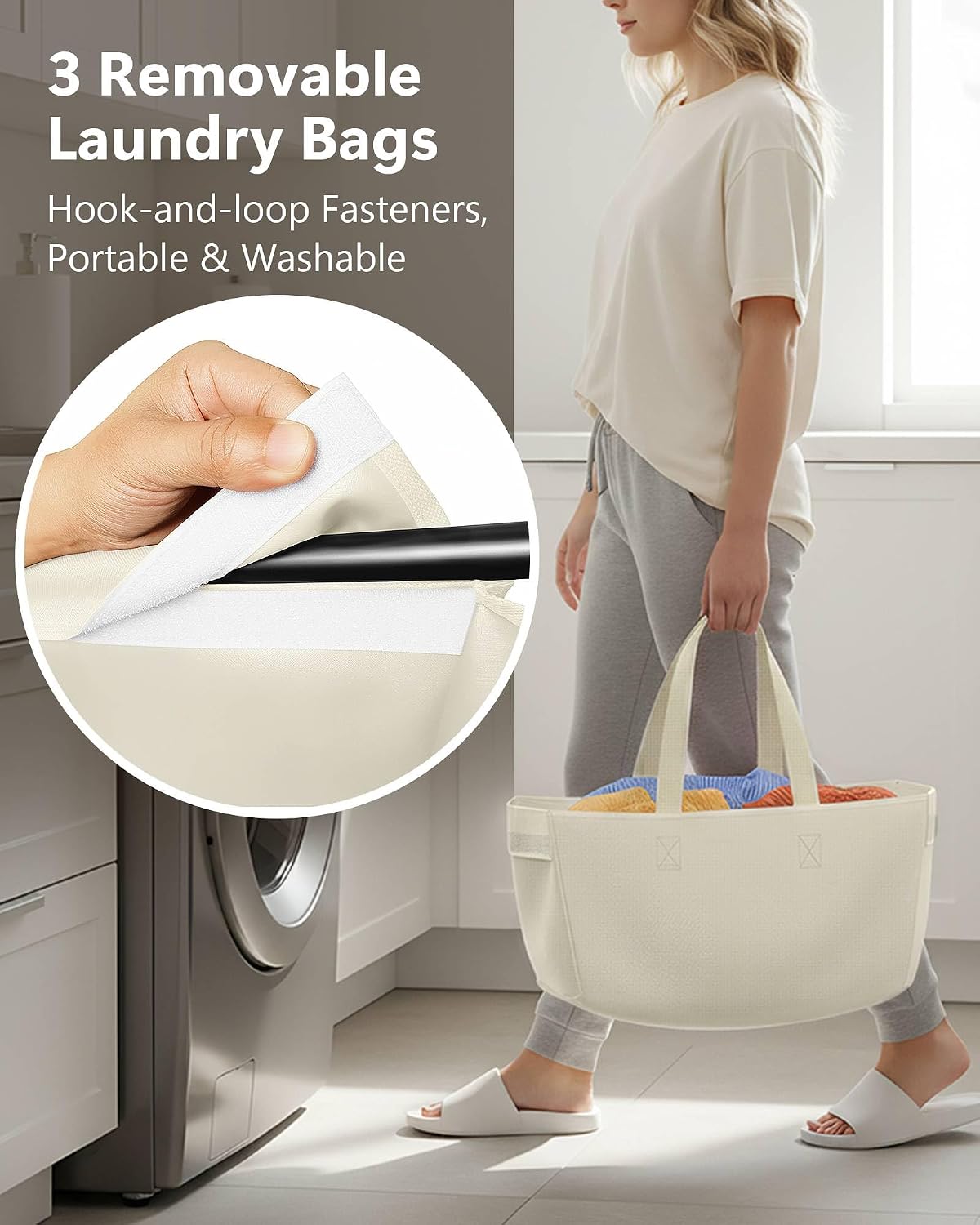 3 Section Laundry Sorter with Removable Bags, 120L Rolling Vertical Laundry Hamper, Stackable Laundry Baskets organizer for Bathroom, Apartment, Dorm (Beige, With Wheel)