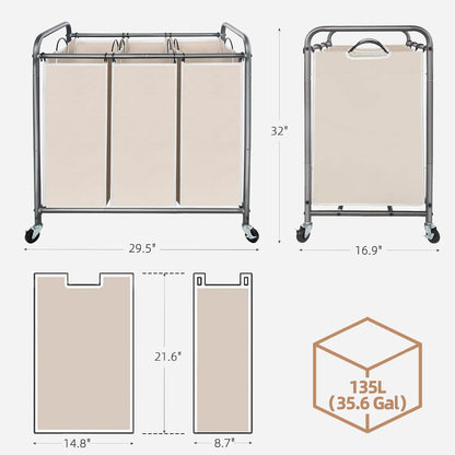 STORAGE MANIAC 3 Section Laundry Sorter, 35.6 Gal (135 L) Laundry Hamper Cart with Heavy Duty Rolling Lockable Wheels and Removable Bags, Clothes Organizer Basket Separator Hamper, Gray