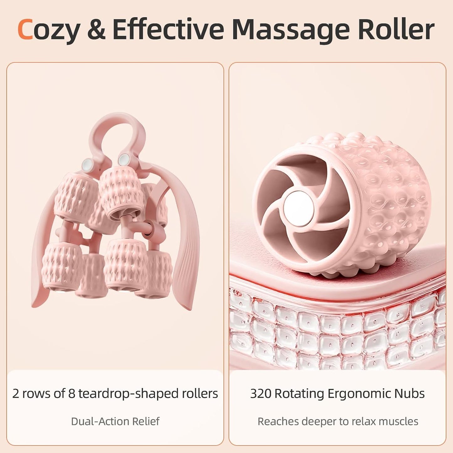 Abahub Manual Massage Roller, Cellulite Massage Roller for Men Women, Home Gym Deep Fascia Massager, 2-in-1 Relieve Muscle Soreness Massager for Arm, Thigh, Back & Shoulder, Pink