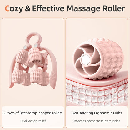 Abahub Manual Massage Roller, Cellulite Massage Roller for Men Women, Home Gym Deep Fascia Massager, 2-in-1 Relieve Muscle Soreness Massager for Arm, Thigh, Back & Shoulder, Pink