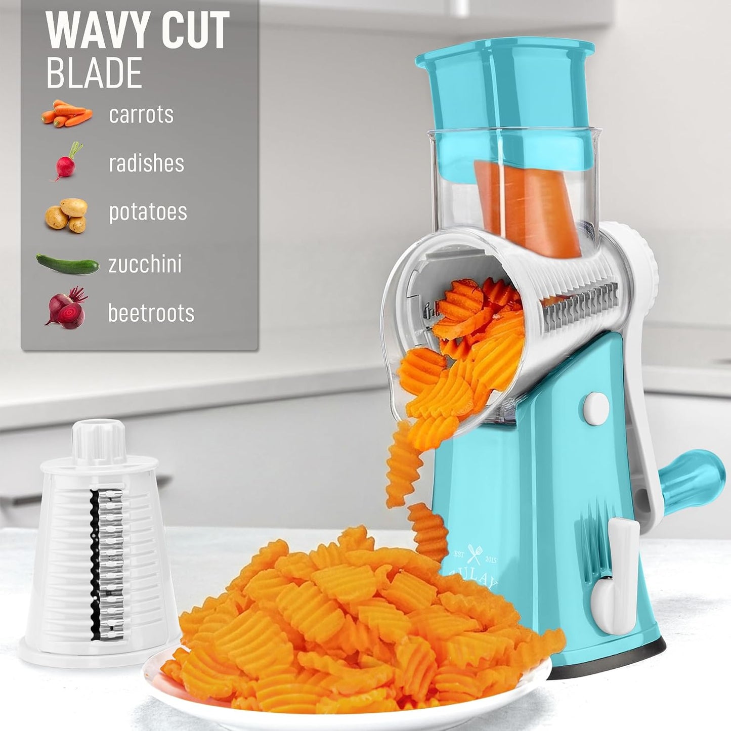 Zulay Kitchen Rotary Cheese Grater 5 Blade Cheese Shredder - Manual Hand Crank Cheese Grater With Reinforced Suction & 5 Interchangeable Drums - Easy to Use, Vegetable Chopper Round Mandoline Slicer - Colors B